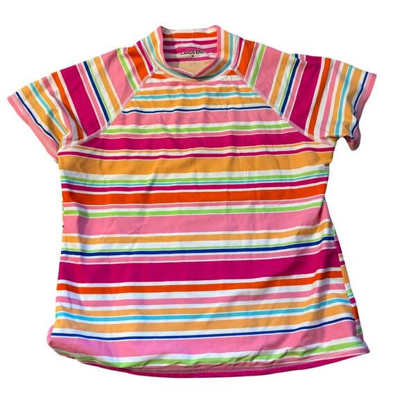 Lands End Girls Striped Short-Sleeve Rash Guard Swim Shirt M 10-12 Polyester UPF - Picture 1 of 3